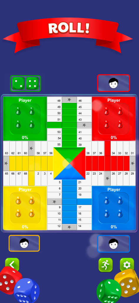 Una colorida pantalla digital del juego de mesa Parchís con cuadrantes para cuatro jugadores y opciones para lanzar los dados.