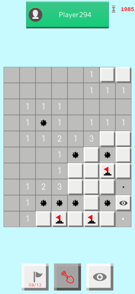 Gameplay interface of PvP Minesweeper Online featuring a shared board with bombs and flags
