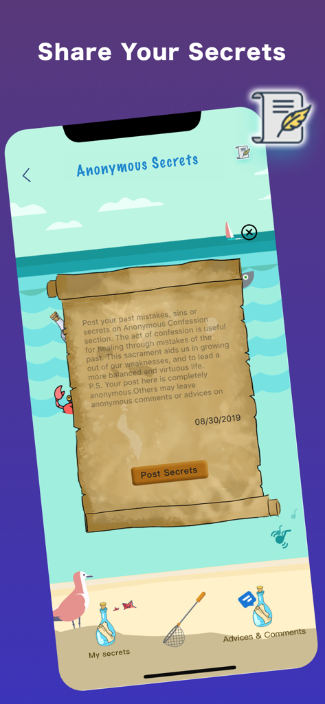 Sweet Dating for Adult Singles - Interface of the Sweet dating app's Anonymous Secrets feature for sharing private confessions.