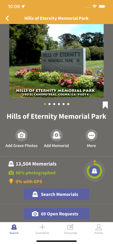 Find a Grave mobile App, die Gedenkstatistiken und Fotoanfragen für den Hills of Eternity Memorial Park anzeigt.