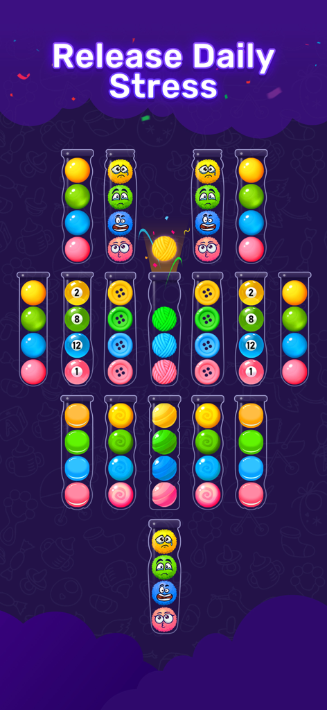 Ball Sort - Color Sort Puzzle! - 毎日のストレス解消のためのガラス管に入ったカラフルな絵文字と糸のボールを備えたBall Sort Puzzleのゲームプレイ
