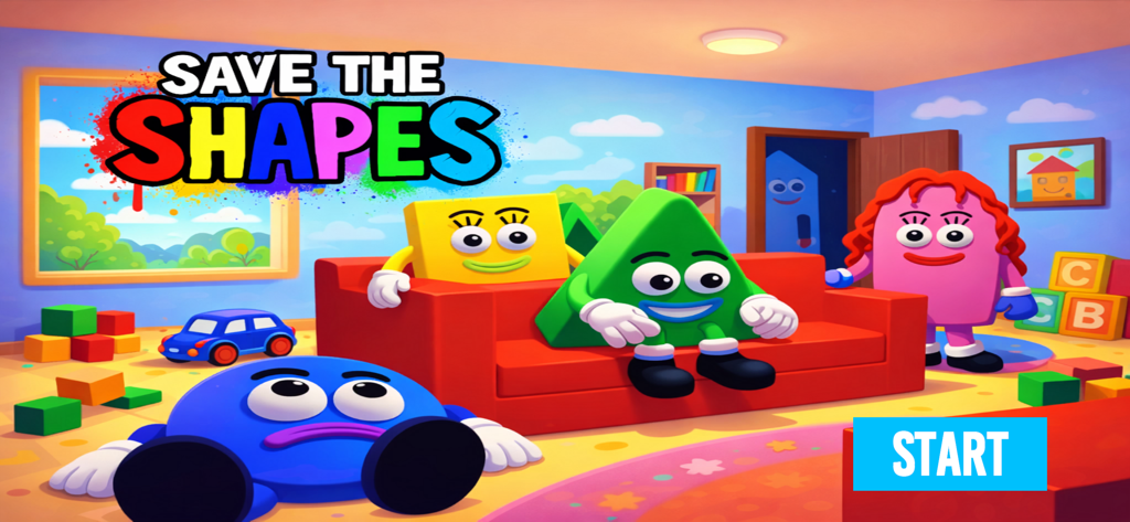 Save The Shapes game title screen featuring colorful anthropomorphic geometric characters in a toy-filled room with a Start button.