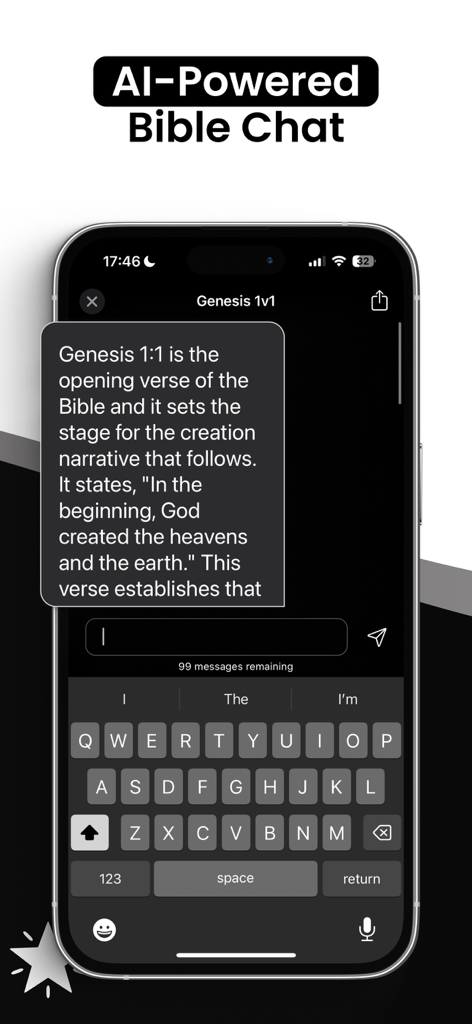 Bible: Chat, Widgets, Audio - A mobile screen showing the AI-powered Bible chat interface with a dark theme and large text explaining a verse.