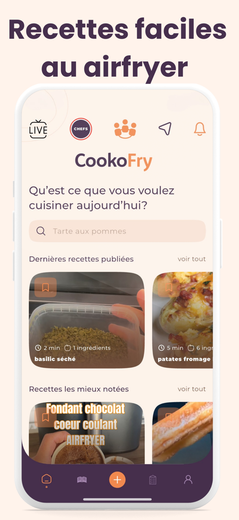 Recettes Airfryer- Cookofry - Home screen of the Cookofry mobile app showcasing easy air fryer recipes with a search bar and recipe categories.