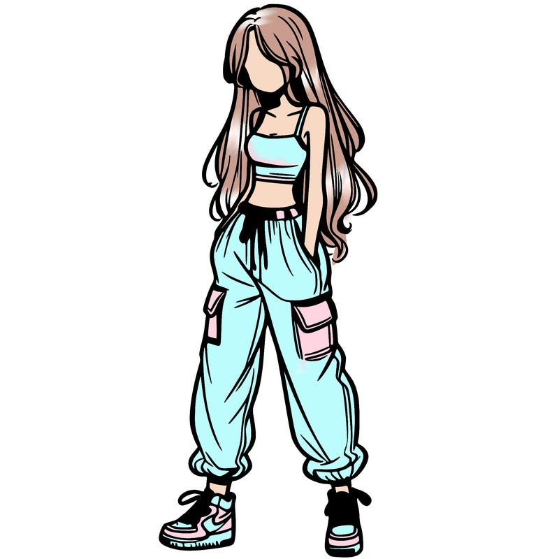 girl in baggy pants crop top and long hair