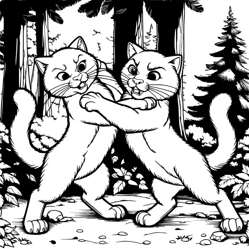 realistic cats fighting in a forest
