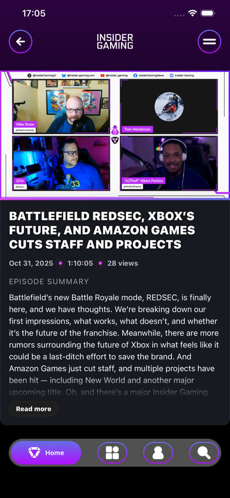 Insider Gaming app interface displaying a video podcast episode about gaming industry news