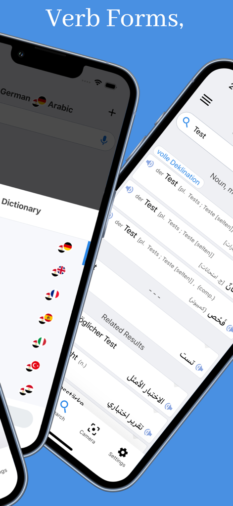 Benutzeroberfläche der arabdict Dictionary-App, die eine deutsche-arabische Übersetzung für das Wort Test und eine Liste unterstützter Sprachpaare zeigt.