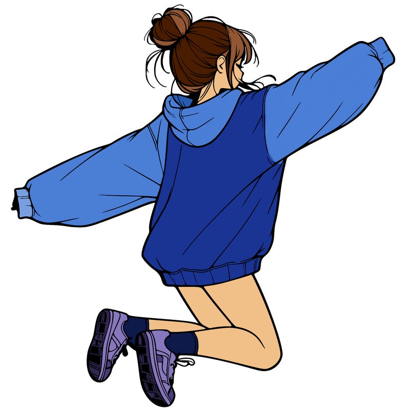realistic girl jumping with a bun and oversized sweatshirt