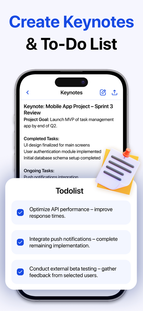 Interfaccia AI Note Taker che visualizza note chiave del progetto e un elenco di cose da fare generato per la gestione delle attività.