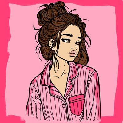 realistic woman with pajamas on and a messy bun