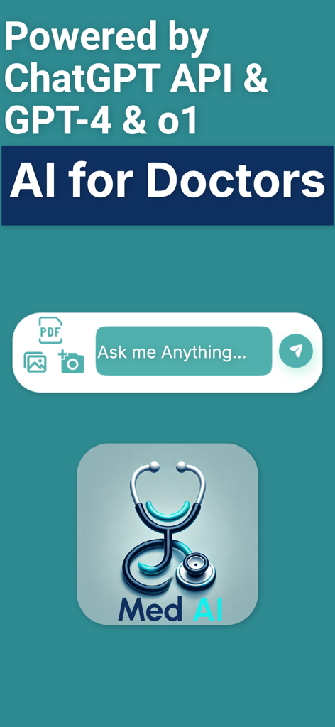 MedAI: Pro AI Doctor Assistant - MedAI app interface for doctors featuring a chat input and stethoscope logo powered by GPT-4 and ChatGPT