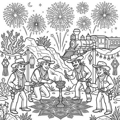 Unleash your creativity with this extraordinary coloring page featuring a group of train robbers celebrating the vibrant festival of Diwali. Watch as fireworks light up the desert sky and intricate rangoli designs come to life under your skillful hand.