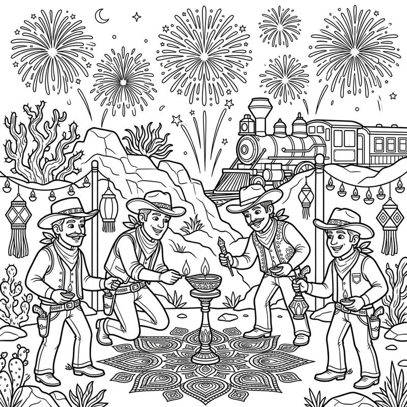 Unleash your creativity with this extraordinary coloring page featuring a group of train robbers celebrating the vibrant festival of Diwali. Watch as fireworks light up the desert sky and intricate rangoli designs come to life under your skillful hand.