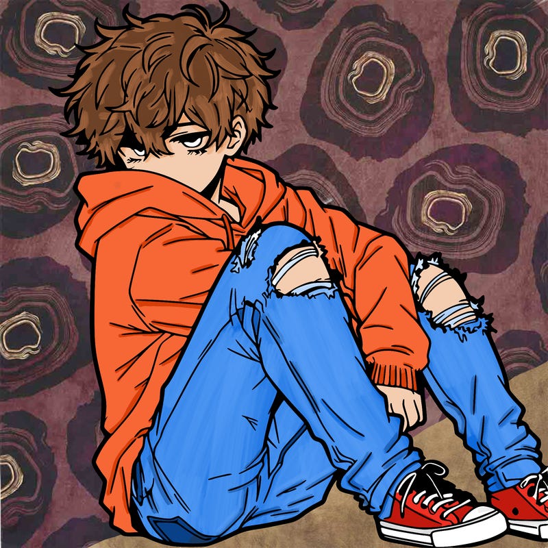 a male hoddie ripped jeans messy hair anime