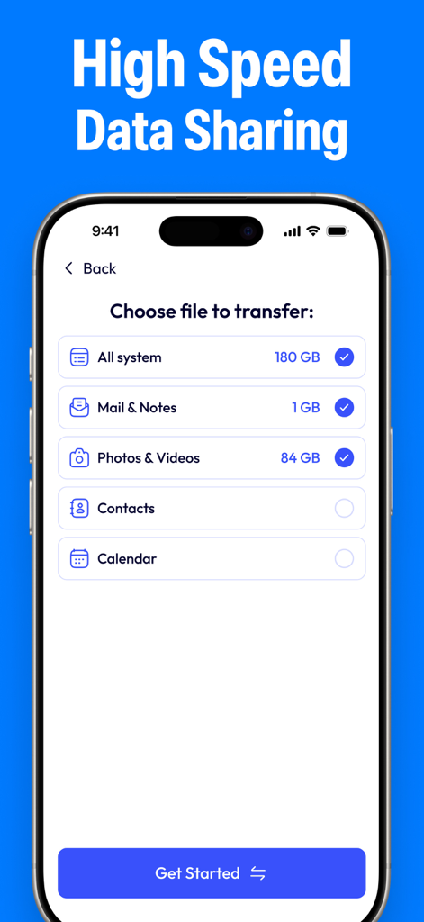 A screen showing various file categories like photos and videos selected for transfer