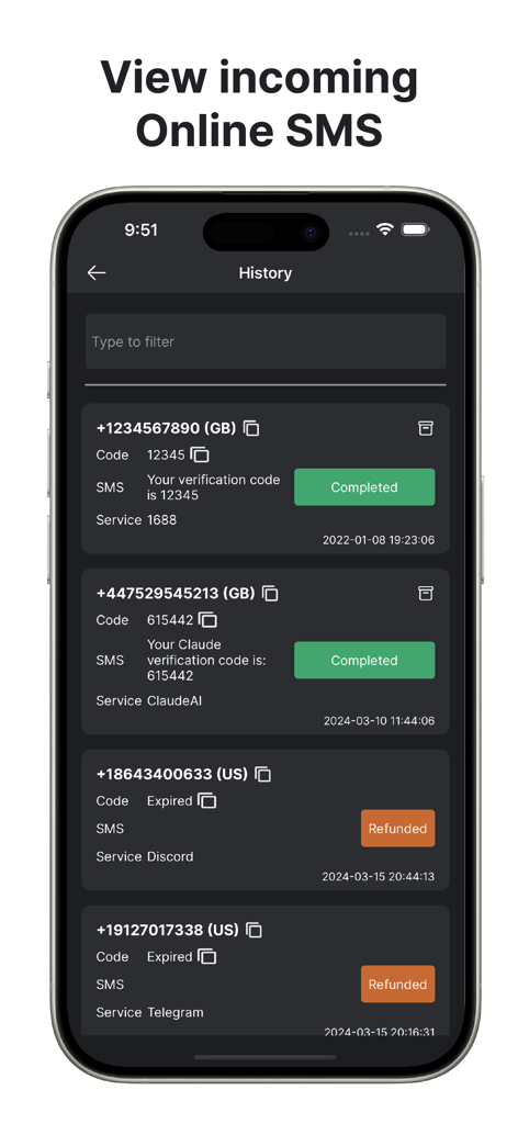 Interface of the SMSPool app displaying a history of received SMS verification codes for various online services.
