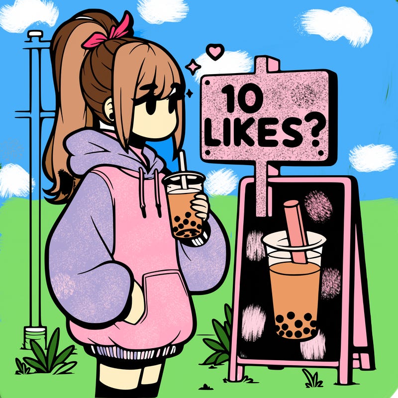 girl with oversized hoodie drinking boba and she has a high ponytail with a sign that says 10likes?