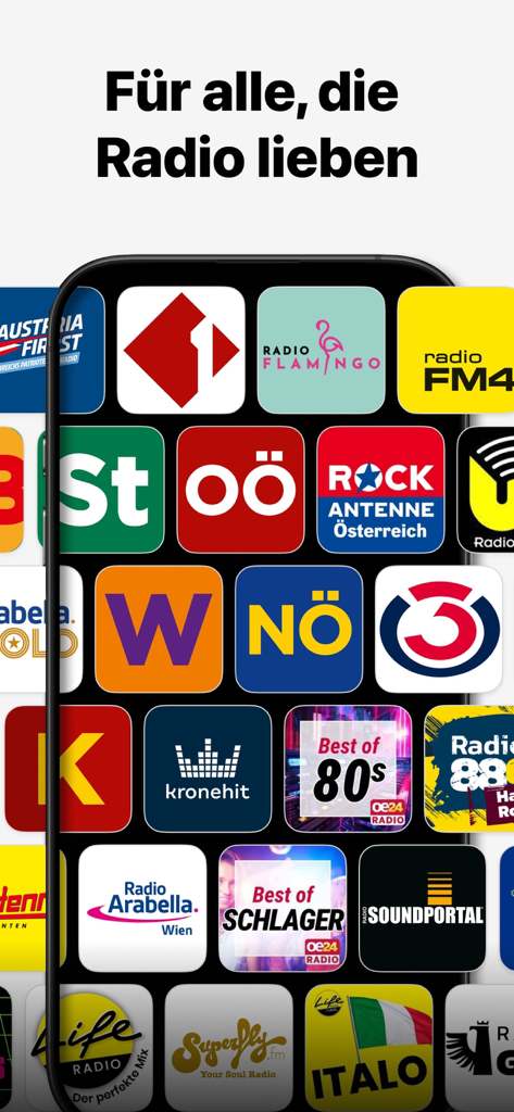 Radio Austria Online - A smartphone screen displaying a diverse grid of Austrian radio station logos with German text at the top.