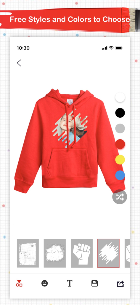 Super T-Shirt Designer - Interface of the Super T-Shirt Designer app showing a custom red hoodie with a photo effect and color selection tools.