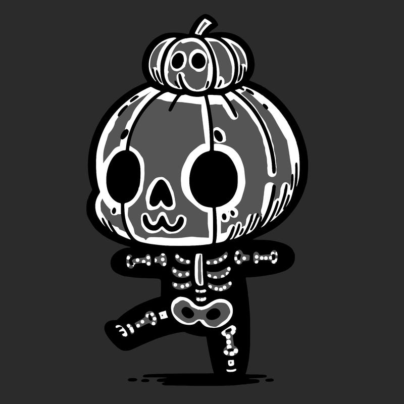 cute skeleton with a pumpkin on its head while dancing