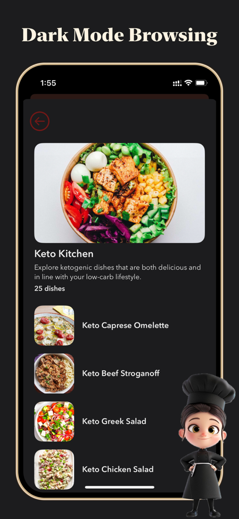 Plat – AI Meal Planner - Interfaccia dell'app Plat AI Meal Planner in modalità scura che mostra raccolte di ricette chetogeniche.