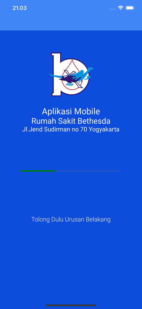Splash screen of the RS Bethesda mobile app featuring the hospital logo and address in Yogyakarta