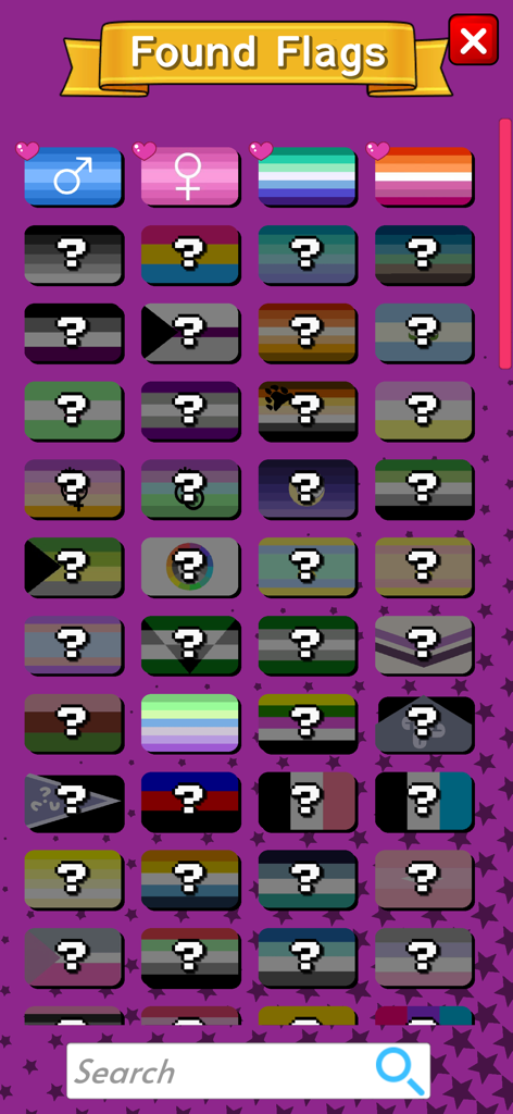 A menu screen titled Found Flags displaying a grid of unlocked and locked pride flags in the LGBT Flags Merge app