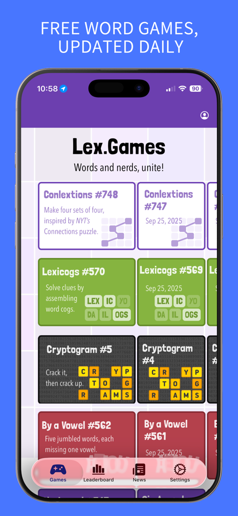 Lex Gamesアプリのホーム画面。ConlextionsやLexicogsなどの毎日のワードパズルのセレクションが表示されています。