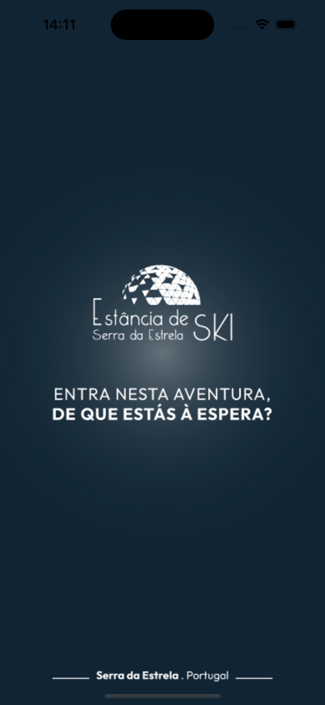 Écran de démarrage de l'application Ski Serra da Estrela présentant le logo de la station de montagne et un message de bienvenue en portugais.