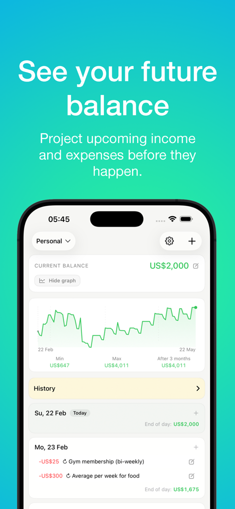 Cashflow Forecaster app interface showing a graph projection of future bank balances and upcoming expenses.