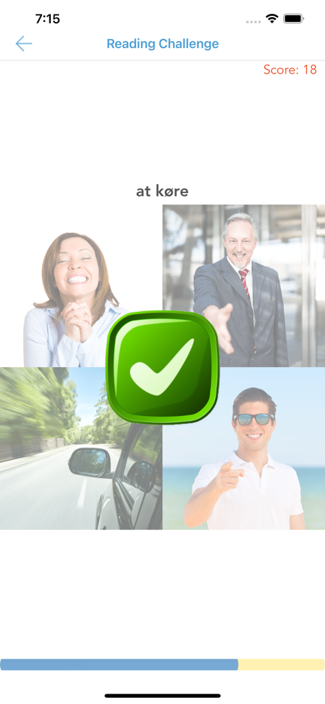 Danish for Beginners Reading Challenge screen showing a correct answer with a green checkmark
