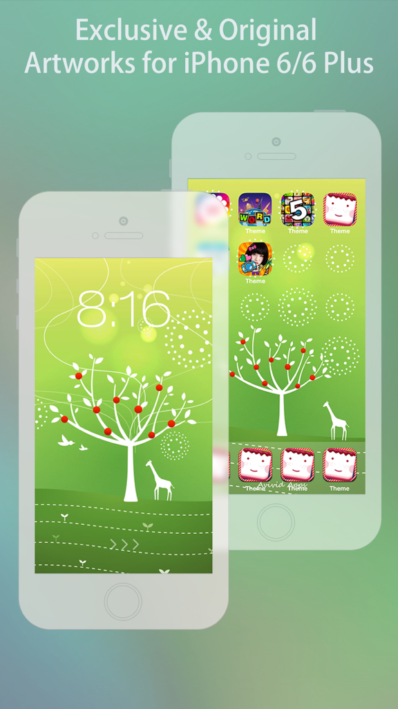 Cool Themes HD for iPhone 6 & 6 Plus - Free - Green nature theme with a white tree and giraffe for iPhone 6 and 6 Plus