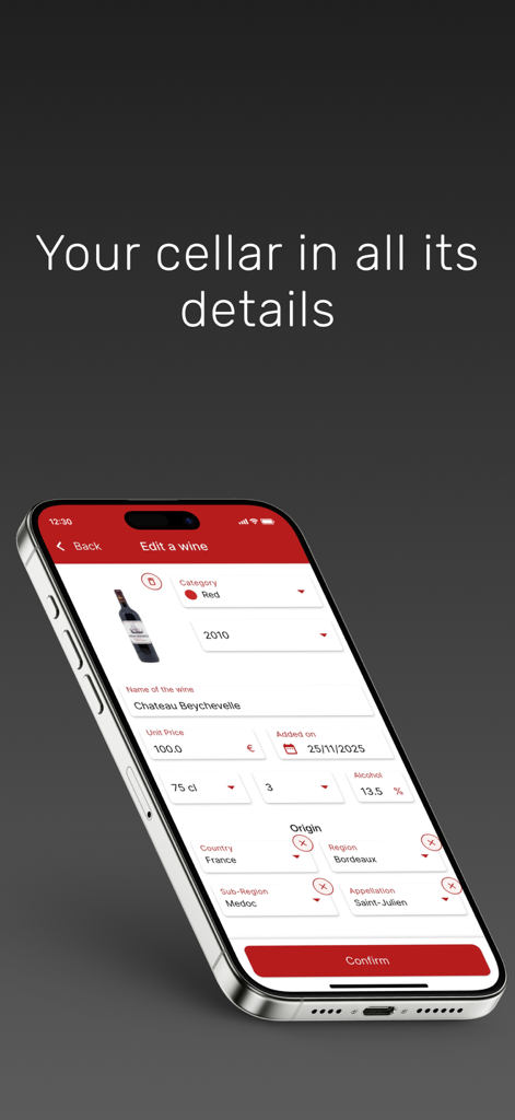 My wines cellar - A smartphone showing the detailed wine information screen in the My wines cellar app including origin price and alcohol content