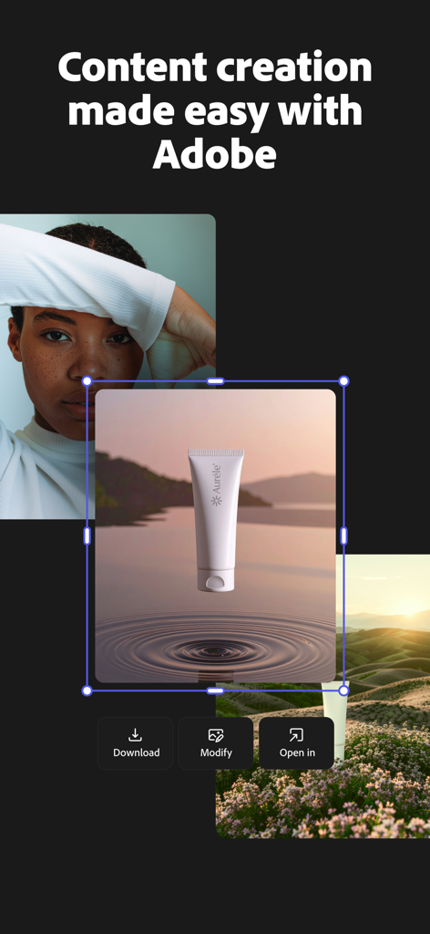 Adobe Firefly app interface showing content creation tools and image generation on iPhone