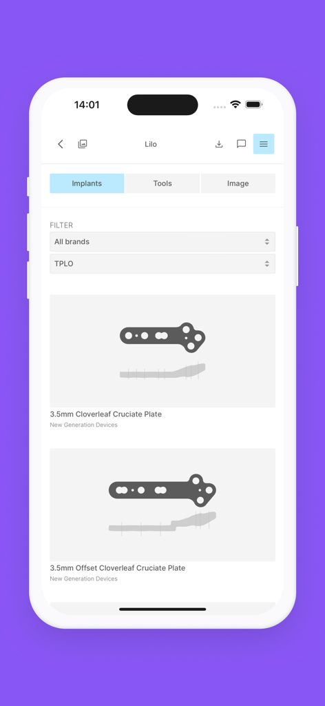 VPOP PROアプリの画面。手術計画用の獣医整形外科インプラントが表示されています