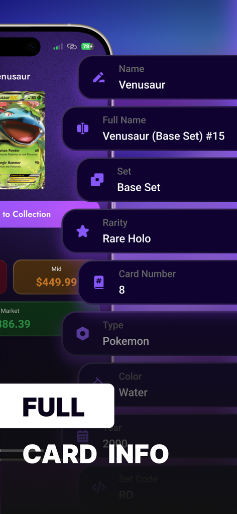 Identify Card Value: TCG Scan - Mobile app screen showing detailed information and market value for a Venusaur trading card.