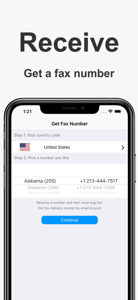 User interface for selecting and reserving a dedicated fax number in the FaxGun app.