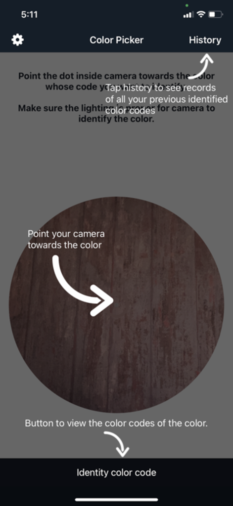 Color Picker App - Interface of the Color Picker App showing the camera capture screen to identify color codes from a surface
