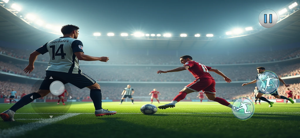 Real Football Soccer Star 2025 - Gameplay screenshot of Real Football Soccer Star 2025 showing a match in a packed stadium with on-screen mobile controls.