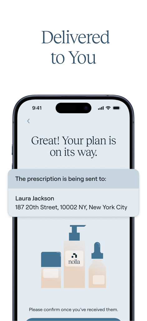 Nolla Acne - Nolla Acne app screen showing a prescription delivery confirmation for a customized treatment plan