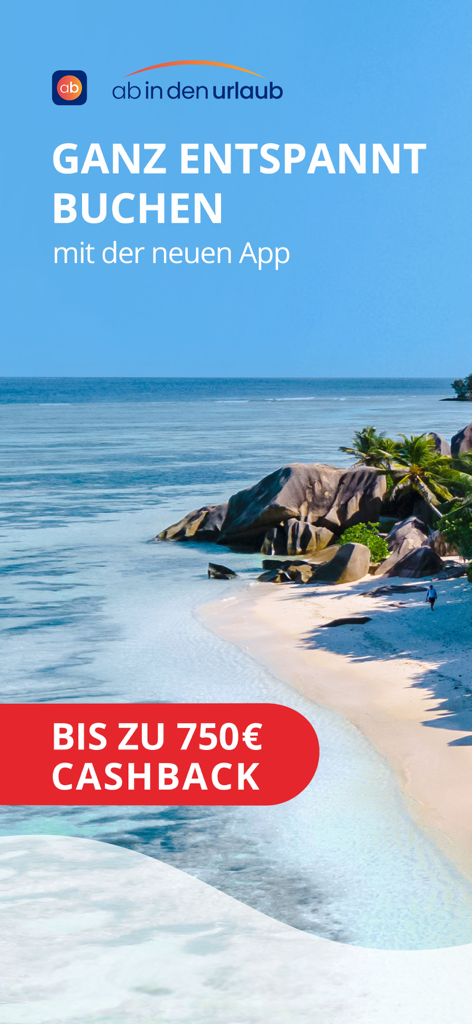 ab in den urlaub: Reise buchen - Aplicación de viajes ab in den urlaub mostrando una playa tropical y una promoción de reembolso.