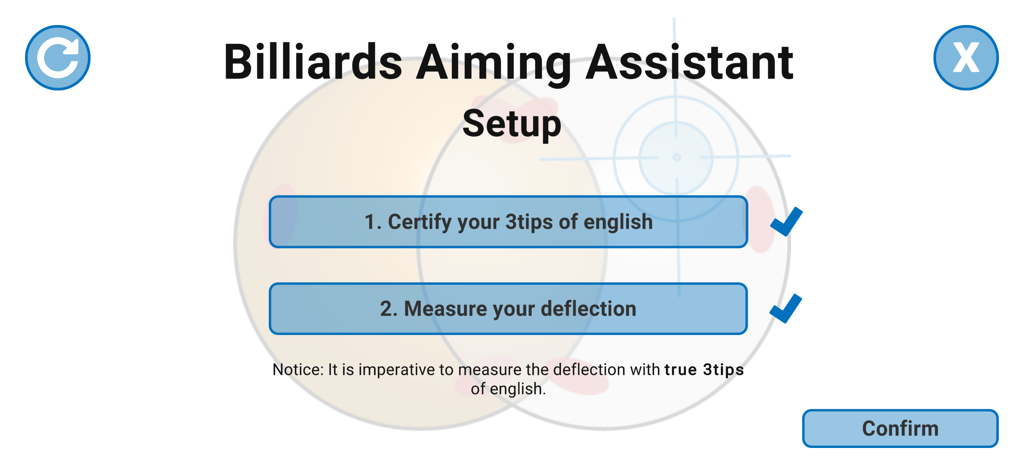 Billiards Aiming Assistant - Setup screen for measuring cue deflection and English tips in the Billiards Aiming Assistant app