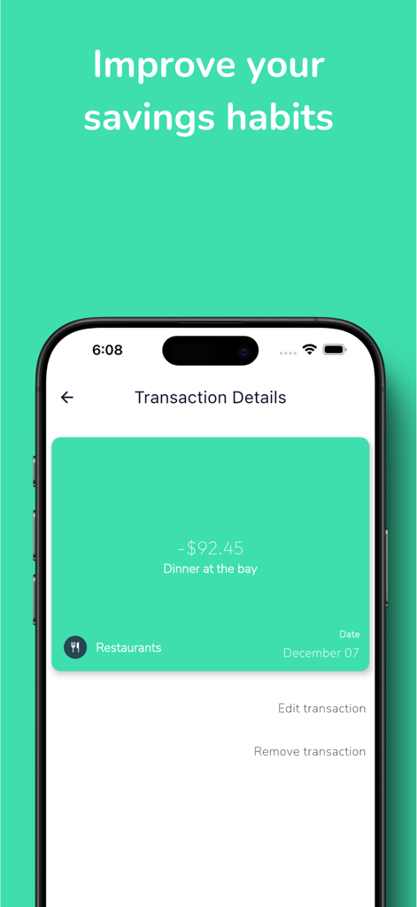 My Money - Track your expenses - Pantalla de detalles de la transacción que muestra un gasto de restaurante en la aplicación Mi Dinero.