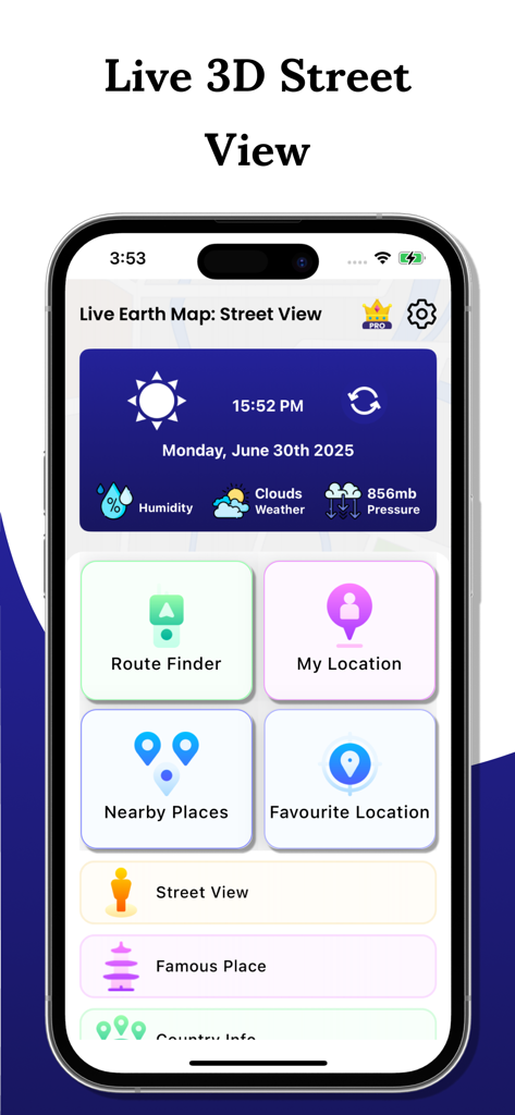 Live Earth Maps 3D GPS View - Schermata principale dell'app Live Earth Maps 3D GPS View con strumenti di navigazione e meteo