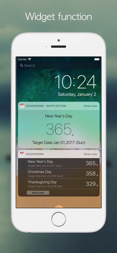 Countdown° - Tela de bloqueio do iPhone mostrando o widget do aplicativo Countdown com eventos para Ano Novo, Natal e Dia de Ação de Graças