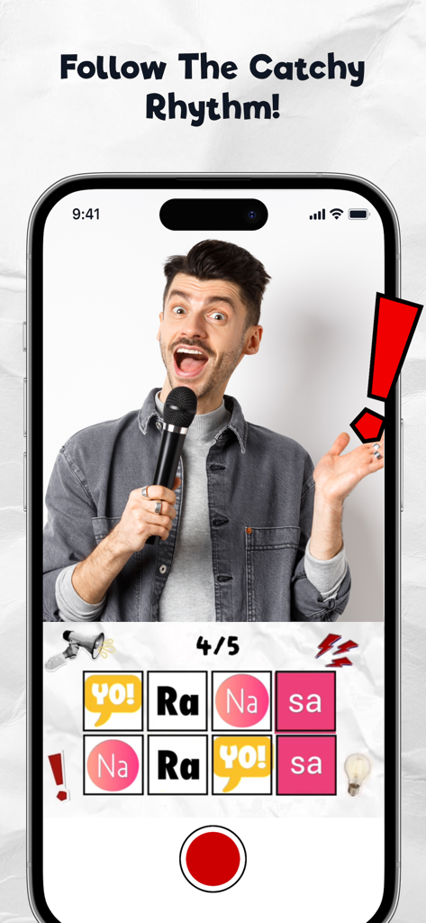 男性が、画面上の単語タイルを使ったリズムスピーキングチャレンジをプレイしながら、ビデオリアクションを録画している。