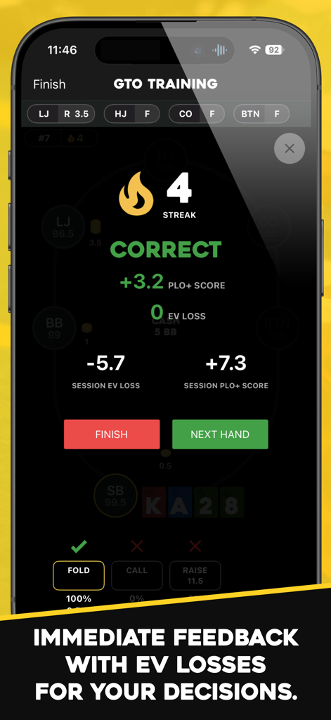 PLO+: Pot Limit Omaha Trainer - PLO+ app interface showing immediate GTO training feedback with EV loss and performance scores.