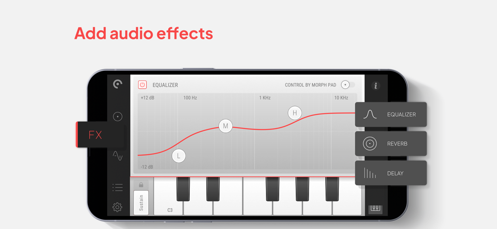 Pure Piano - Grand Piano App - Smartphone screen showing the Pure Piano app equalizer and audio effects controls