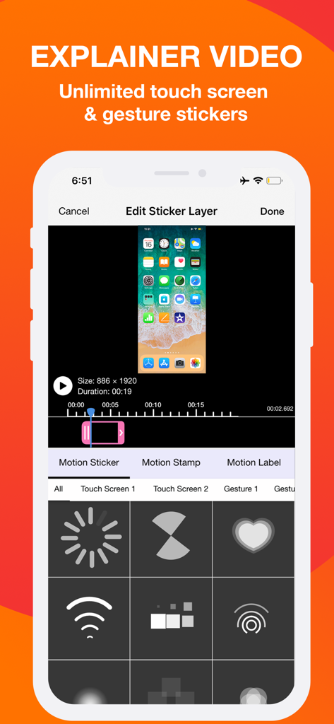 Screen Recorder - Record.TV - Editing interface of Record.TV app showing touch screen and gesture stickers for explainer videos